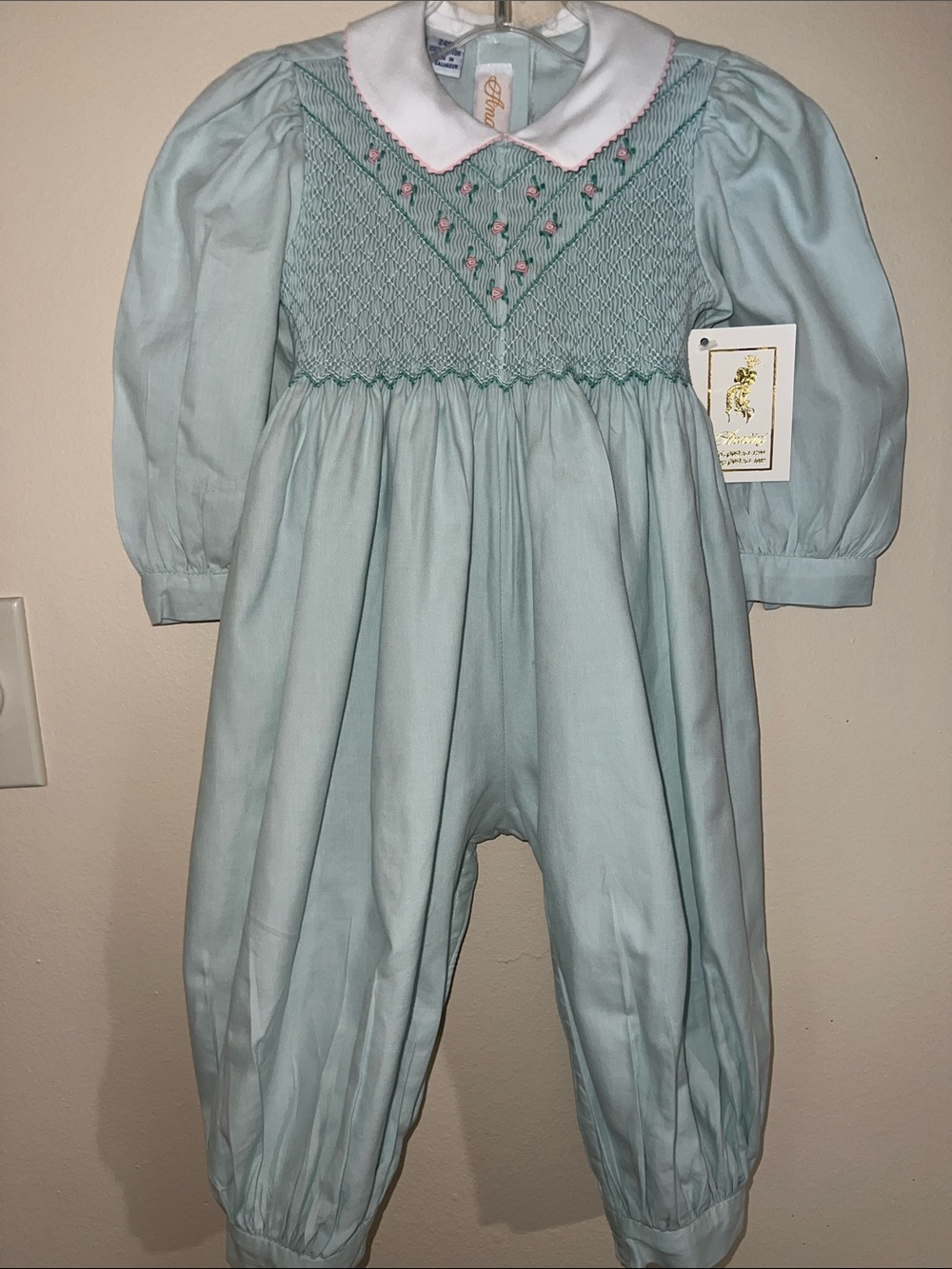 Anavini Hand Smocked Light Blue Baby Romper with Peter Pan Collar